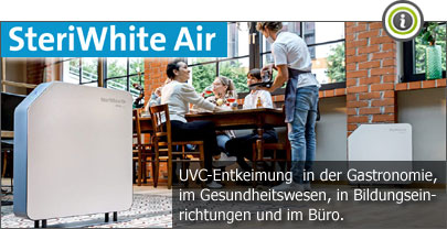 SteriWhite Air: UVC-Entkeimung in der Gastronomie, im Gesundheitswesen, in Bildungseinrichtungen und im Büro.